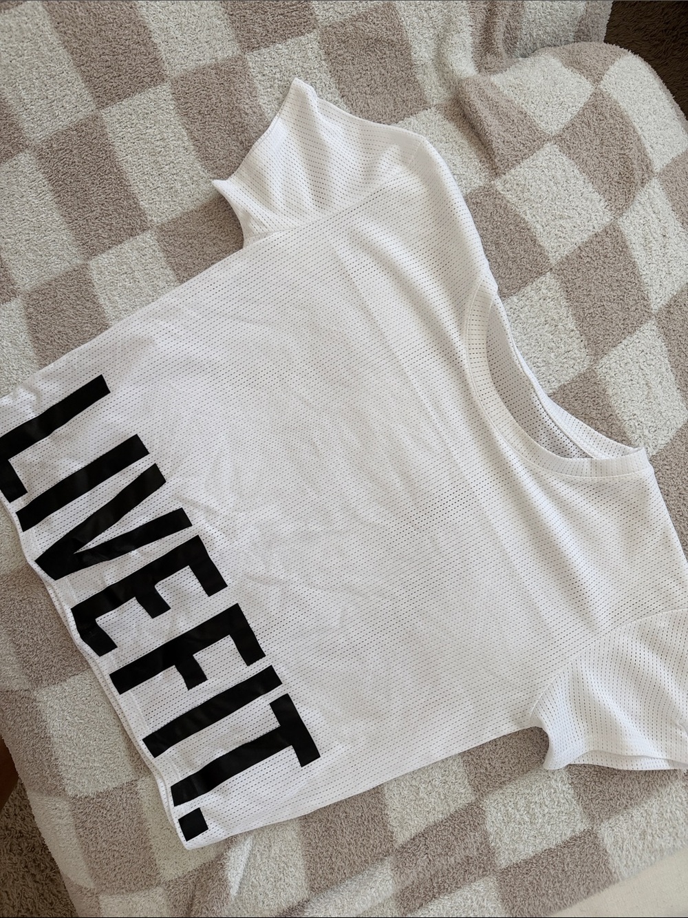 White Mesh Crop Tee with Black LIVEEFT. Side Print